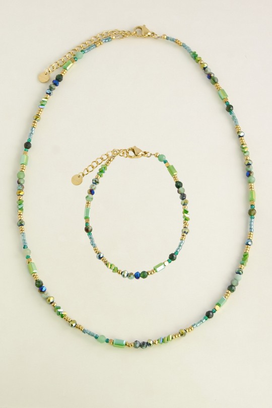 A0898B-N Parure dorée en acier inoxydable, pierres facettées et perles de rocaille-VERT FONCÉ