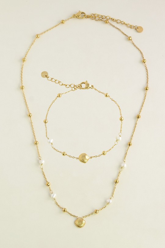 A0933B-N Parure dorée en acier inoxydable, perles d’eau douce et pendentif coquillage-BLANC