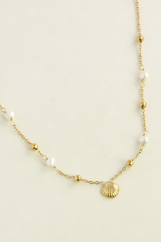 A0933N-Collier doré en acier inoxydable, perles d’eau douce et pendentif coquillage-BLANC