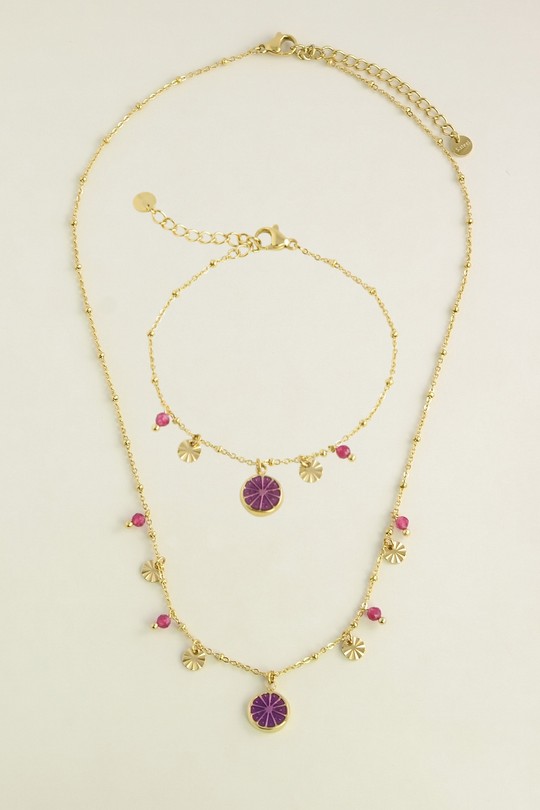 A0923B-N Parure dorée en acier inoxydable avec pendentif fruit émaillé-FUCHSIA