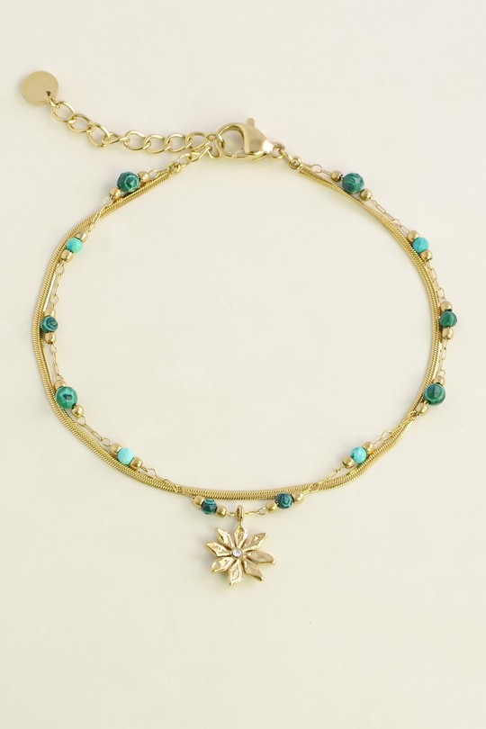 A0858B-Bracelet doré en acier inoxydable, pierres , perles en pâtes de verre et pendentif fleur-VERT FONCÉ