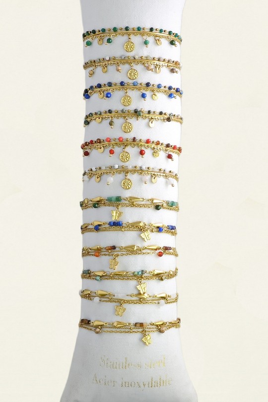 3635-11 Lot de 12 bracelets 3 rangs en acier inoxydable avec pierres-MULTICOULEUR