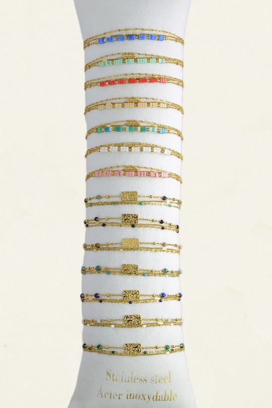 3636-11 Lot de 14 bracelets 3 rangs dorés en acier inoxydable avec pierres et autres matériaux-MULTICOULEUR