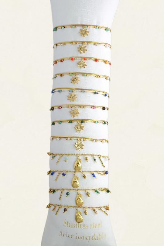 3637-11 Lot de 12 bracelets dorés en acier inoxydable avec pierres et autres matériaux-MULTICOULEUR