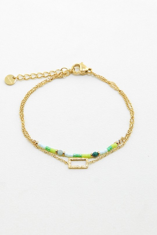 A0866B-Bracelet 2 rangs doré en acier inoxydable avec pierres et perles de rocaille-VERT