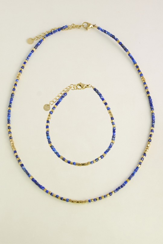 AL0700B-N Parure dorée en acier inoxydable avec pierres-BLEU FONCÉ