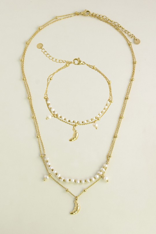 A0939B-N-10 Parure dorée en acier inoxydable, perles d’eau douce et pendentif croissant de lune-BLANC