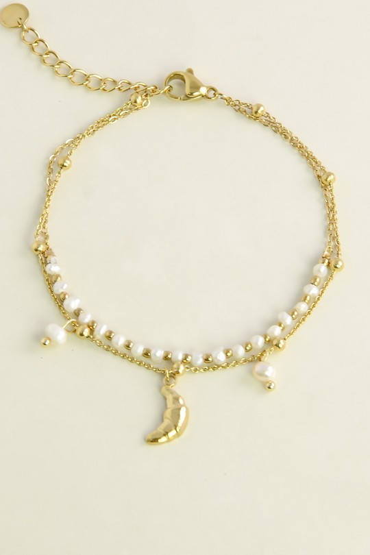 A0939B-Bracelet doré en acier inoxydable, perles d’eau douce et pendentif croissant de lune-BLANC