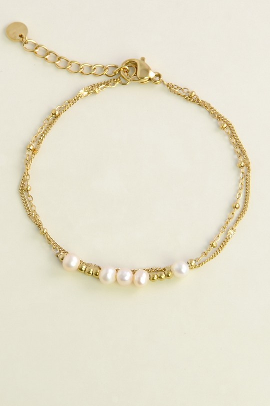 A0824B-10 Bracelet doré 2 rangs en acier inoxydable et perles d’eau douce-BLANC