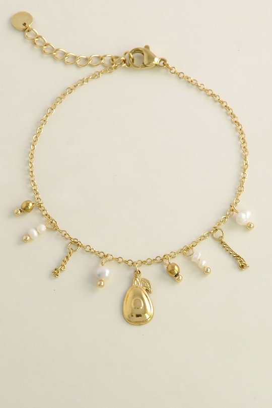 A0951B-10 Bracelet doré en acier inoxydable, perles d’eau douce et pendentif avocat-BLANC