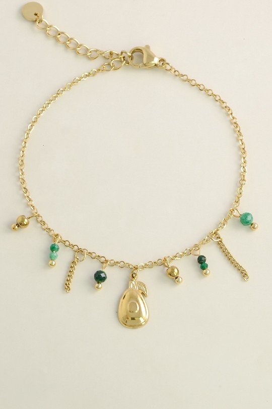 A0951B-Bracelet doré en acier inoxydable, pierres et pendentif avocat-VERT FONCÉ
