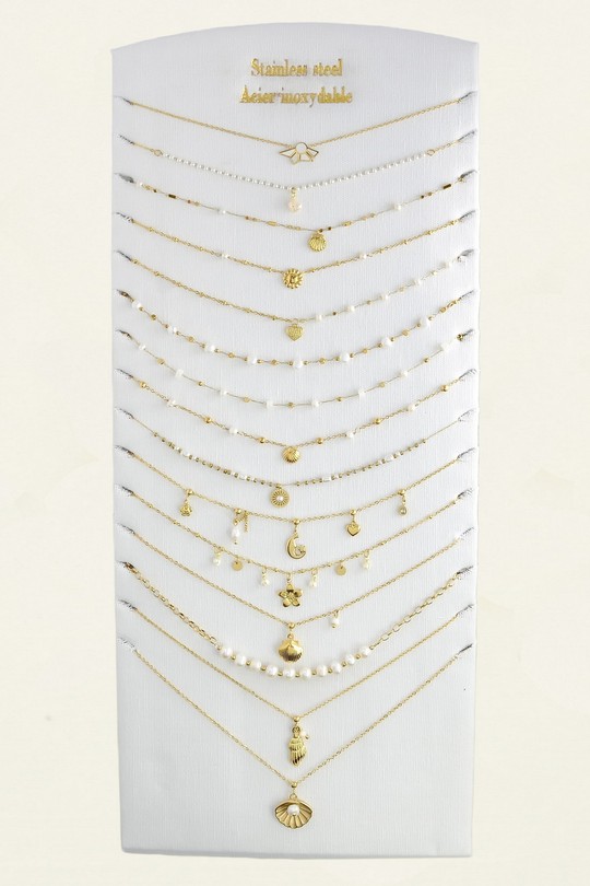 1619-10 Lot de 15 colliers assortis en acier inoxydable – modèles variés avec perles d’eau douce et autres matériaux-BLANC