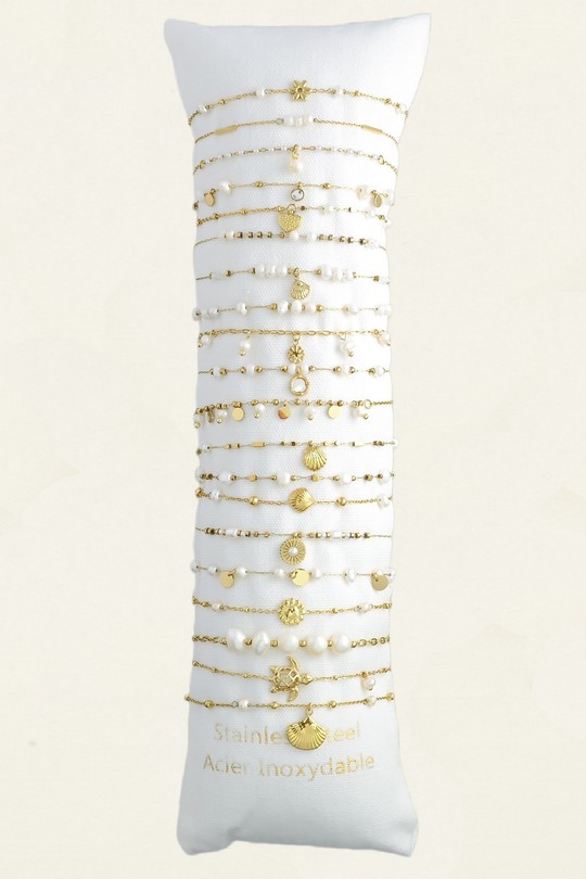 3639-10 Lot de 20 bracelets en acier inoxydable doré – perles d’eau douce & autres matériaux-BLANC