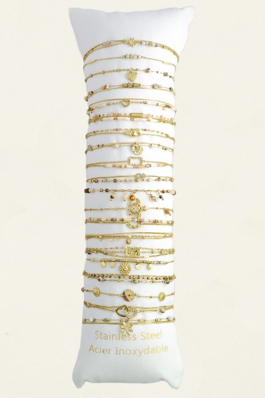 3640-8  Lot de 20 bracelets en acier inoxydable doré – pierres & autres matériaux-BEIGE