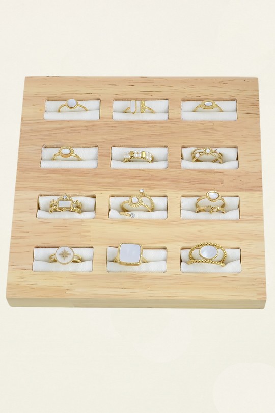 2603-10 Lot de 12 bagues ajustables dorées en acier inoxydable avec présentoir-BLANC