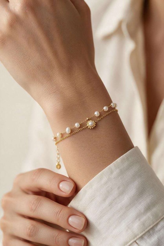 AL0714B-10 Bracelet double rang doré en acier inoxydable, perles d'eau douce-BLANC