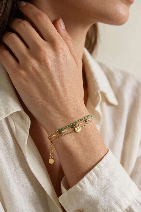 AL0711B-Bracelet double rang doré en acier inoxydable, pierres et perles de rocaille-VERT FONCÉ