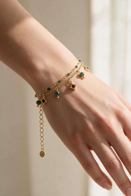 A0783B-Bracelet double rang doré en acier inoxydable, pierres et zirconiums-VERT FONCÉ