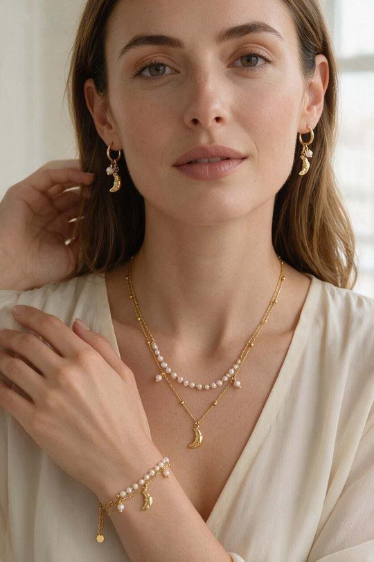 A0939B-E-N Parure en acier inoxydable doré avec perles d'eau douce et pendentifs croissant-BLANC