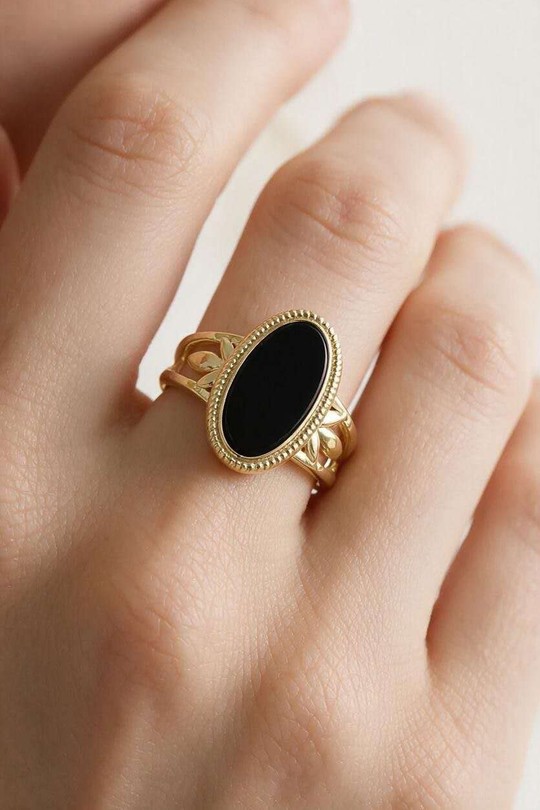 AL0625R-Bague ajustable en acier inoxydable doré avec pierre-NOIR