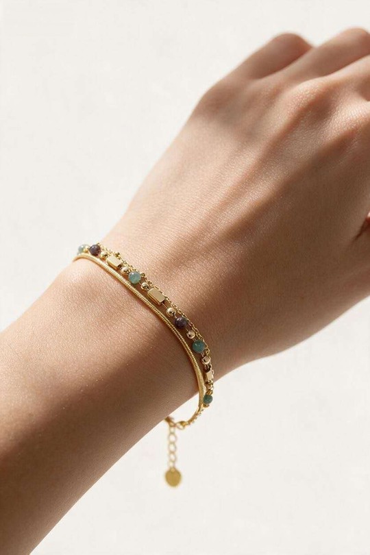 AD0713B-Bracelet 3 rangs en acier inoxydable avec pierres-VERT