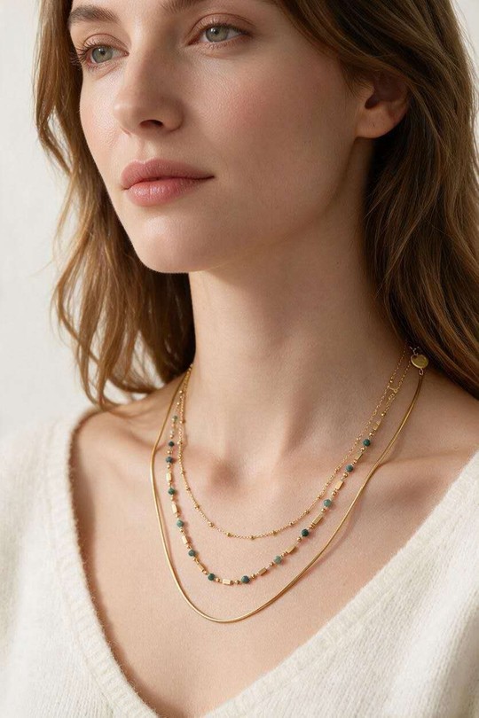 AD0713N-Collier 3 rangs doré en acier inoxydable avec pierres-VERT FONCÉ