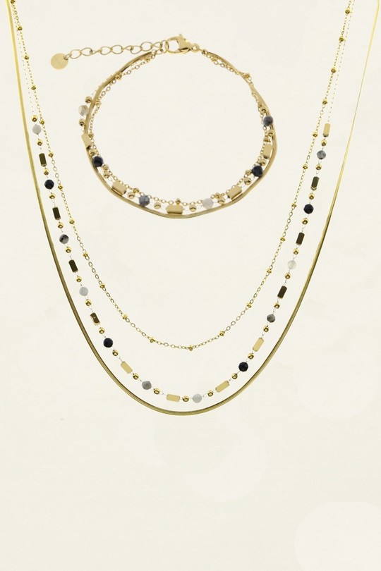 AD0713B-N Parure collier et bracelet 3 rangs en acier inoxydable avec pierres-NOIR
