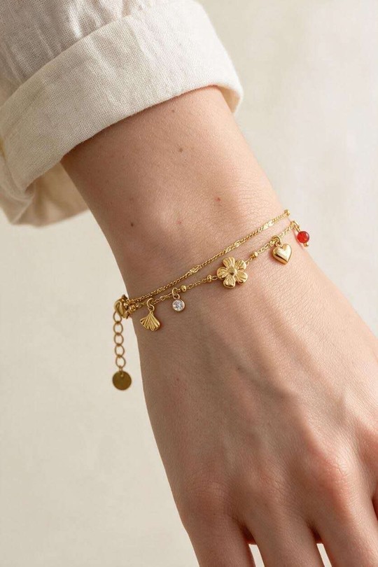 A0831B-Bracelet double rang doré en acier inoxydable-ROUGE