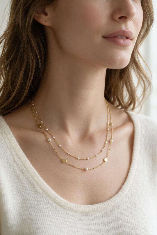 AL0811N-Collier 2 rangs en acier inoxydable avec perles d’eau douce-BLANC