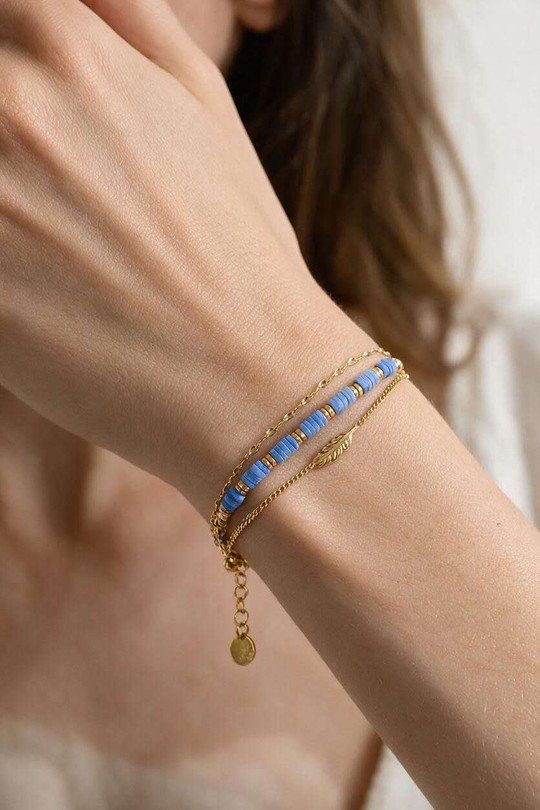 AD0853B-Bracelet 3 rangs en acier inoxydable doré avec pierres carrées et pendentif plume-BLEU