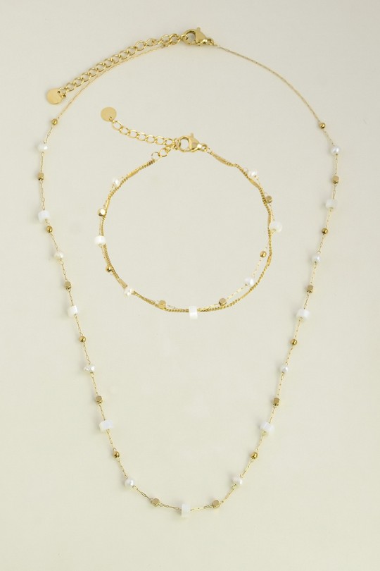 A0881B-N-10 Parure collier et bracelet dorés en acier inoxydable avec nacre et perles d'eau douce-BLANC