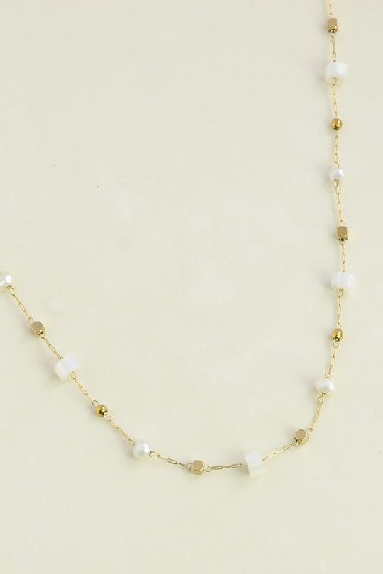 A0881N-10 Collier doré en acier inoxydable avec nacre et perles d'eau douce-BLANC