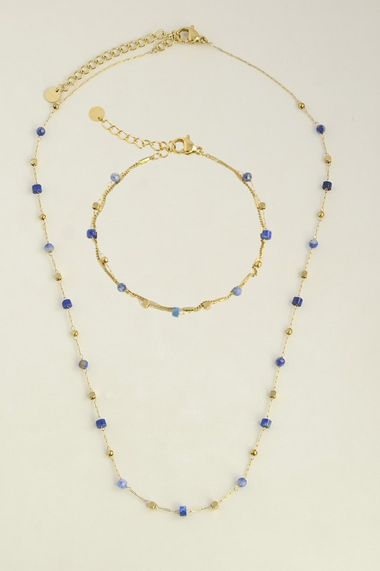 A0881B-N Parure collier et bracelet dorés en acier inoxydable avec pierres-BLEU