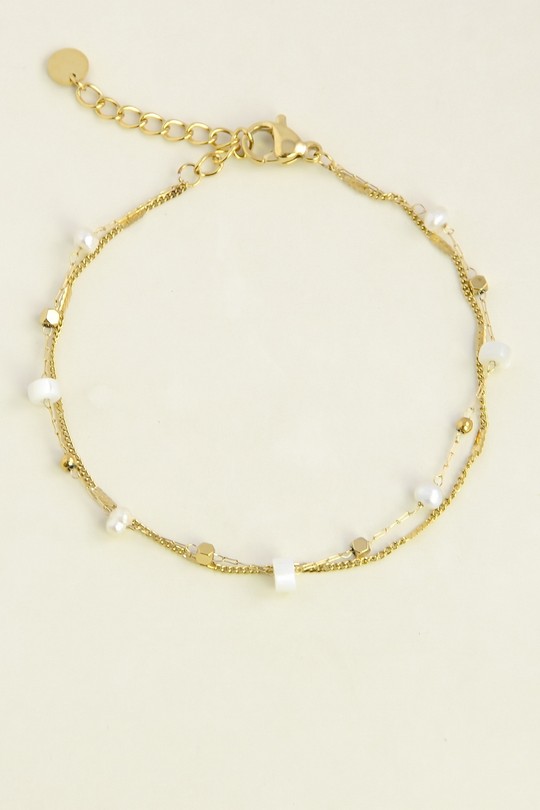 A0881B-10 Bracelet double rang doré en acier inoxydable avec nacre et perles d'eau douce-BLANC