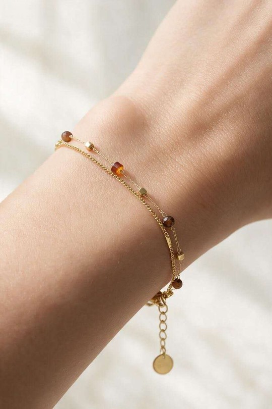 A0881B-Bracelet double rang doré en acier inoxydable avec pierres-MARRON