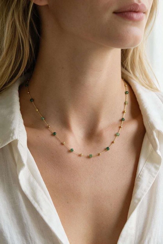 A0881N-Collier doré en acier inoxydable avec pierres-VERT FONCÉ