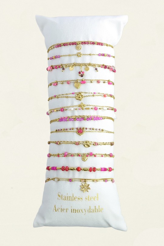 3602-Lot de 12 bracelets en acier inoxydable doré – pierres & autres matériaux-FUCHSIA