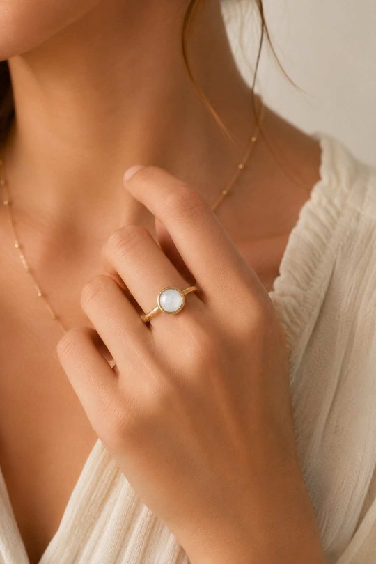 AL0999R-10 Bague ajustable dorée en acier inoxydable avec nacre-BLANC