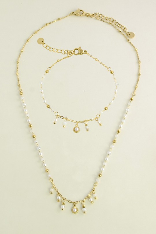 A0883B-N-10 Parure collier et bracelet dorés en acier inoxydable-BLANC