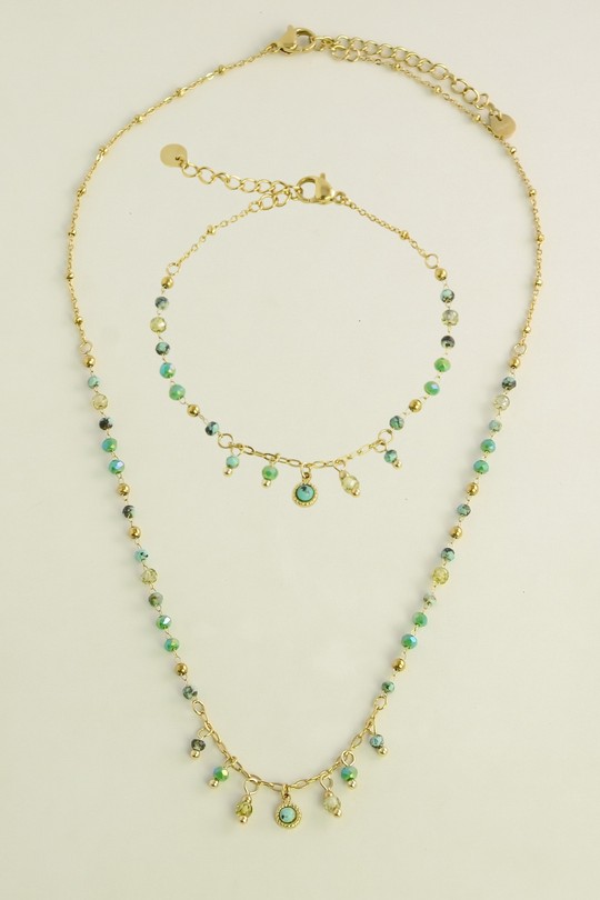 A0883BN-3-6 Parure collier et bracelet dorés en acier inoxydable-VERT