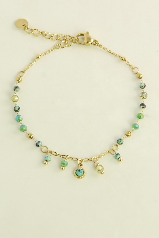A0883B-3-6 Bracelet doré en acier inoxydable avec pierres et perles en pâte de verre-VERT