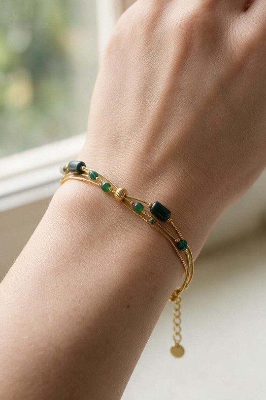 AD0784B-Bracelet 3 rangs doré en acier inoxydable avec pierres-VERT FONCÉ