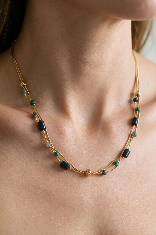 AD0784N-Collier 3 rangs doré en acier inoxydable avec pierres-VERT FONCÉ