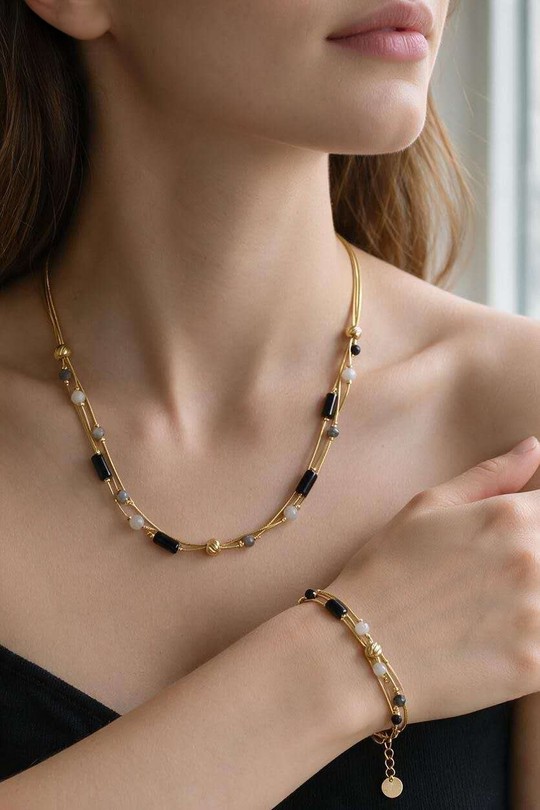 AD0784B-N Parure collier et bracelet 3 rangs en acier inoxydable doré avec pierres-NOIR