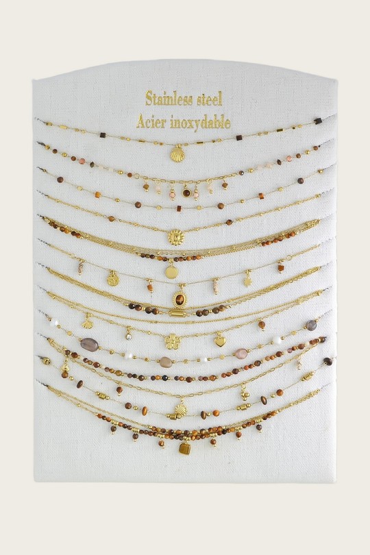 1607-6 Lot de 12 colliers en acier inoxydable doré – pierres & autres matériaux-MARRON