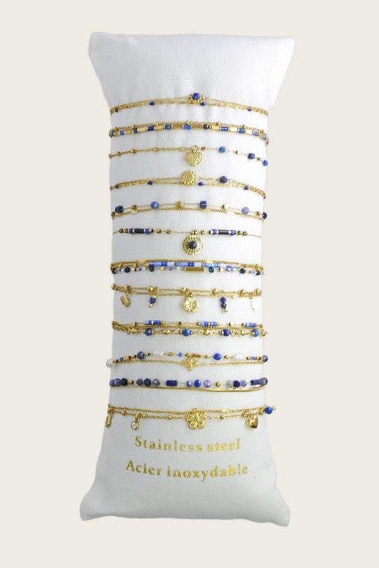 3608-2 Lot de 12 bracelets en acier inoxydable doré – pierres & autres matériaux-BLEU FONCÉ