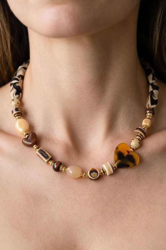 AD0804N-Collier en acier inoxydable doré avec tissu imprimé, résine et céramique-MARRON