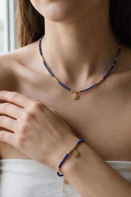 AD0690B-N Parure collier et bracelet dorés en acier inoxydable-BLEU PÉTROLE