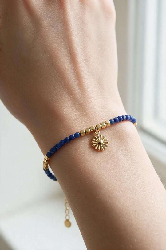 AD0690B-Bracelet doré en acier inoxydable avec pierres, perles en verre facettées et pendentif soleil-BLEU PÉTROLE