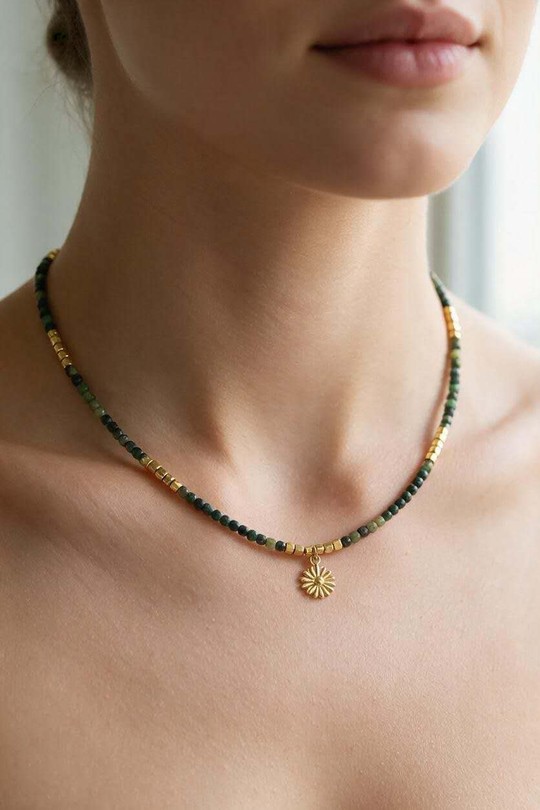 AD0690N-Collier doré en acier inoxydable avec pierres, perles en verre facettées et pendentif soleil-BLEU PÉTROLE